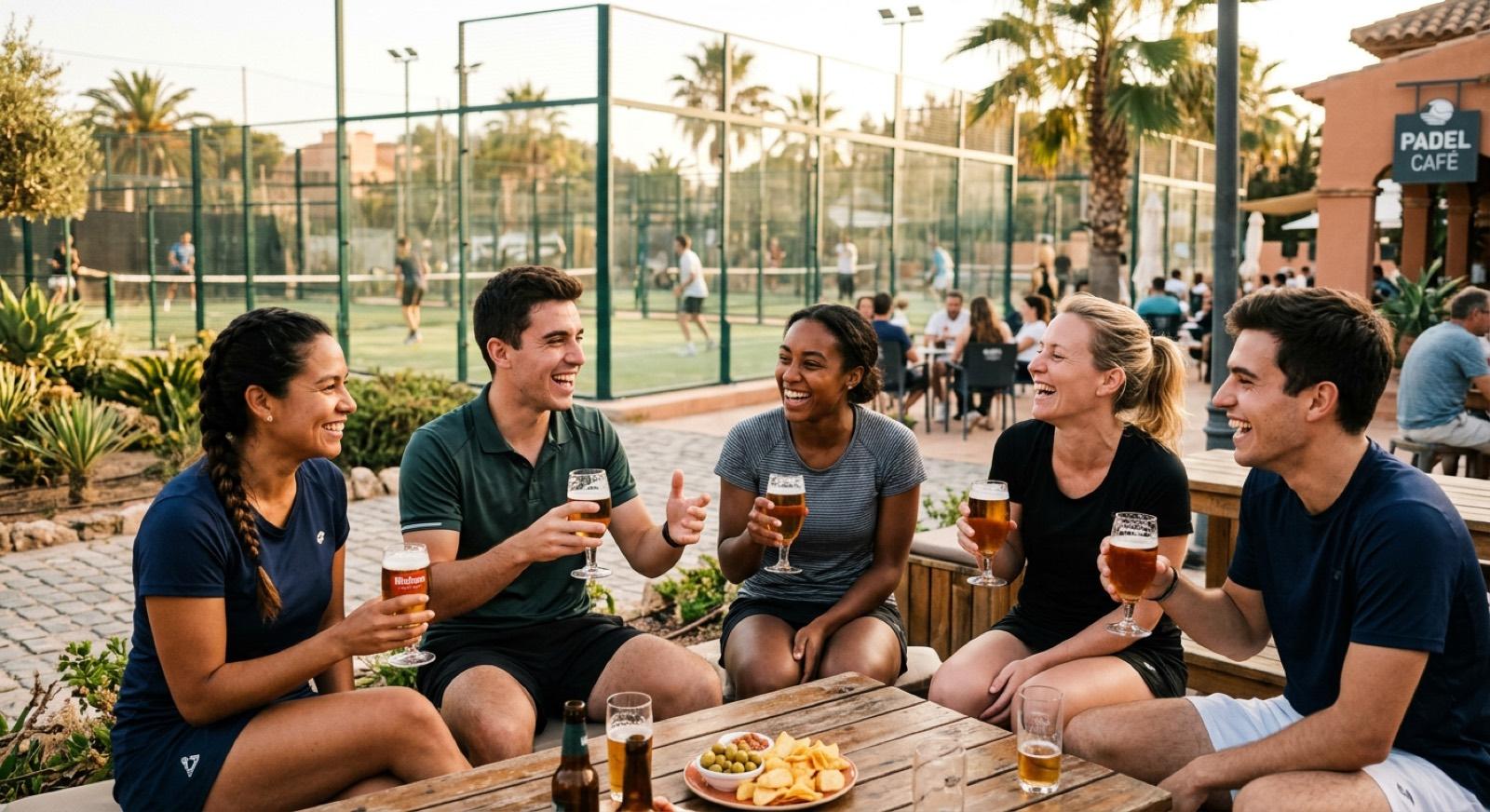 A mixed group of padel players sharing drinks at a club table after playing