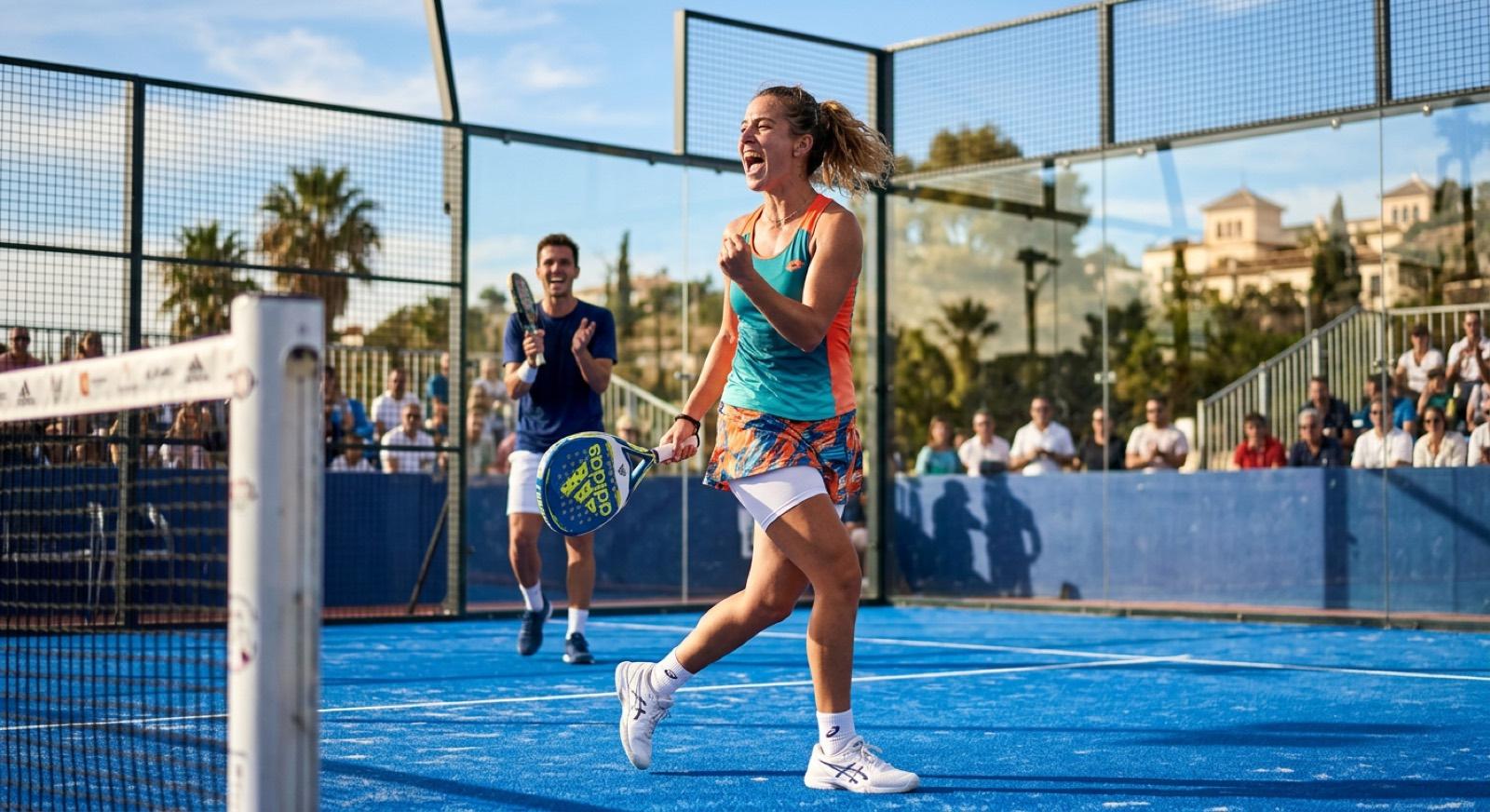 A padel player celebrating a won point on court