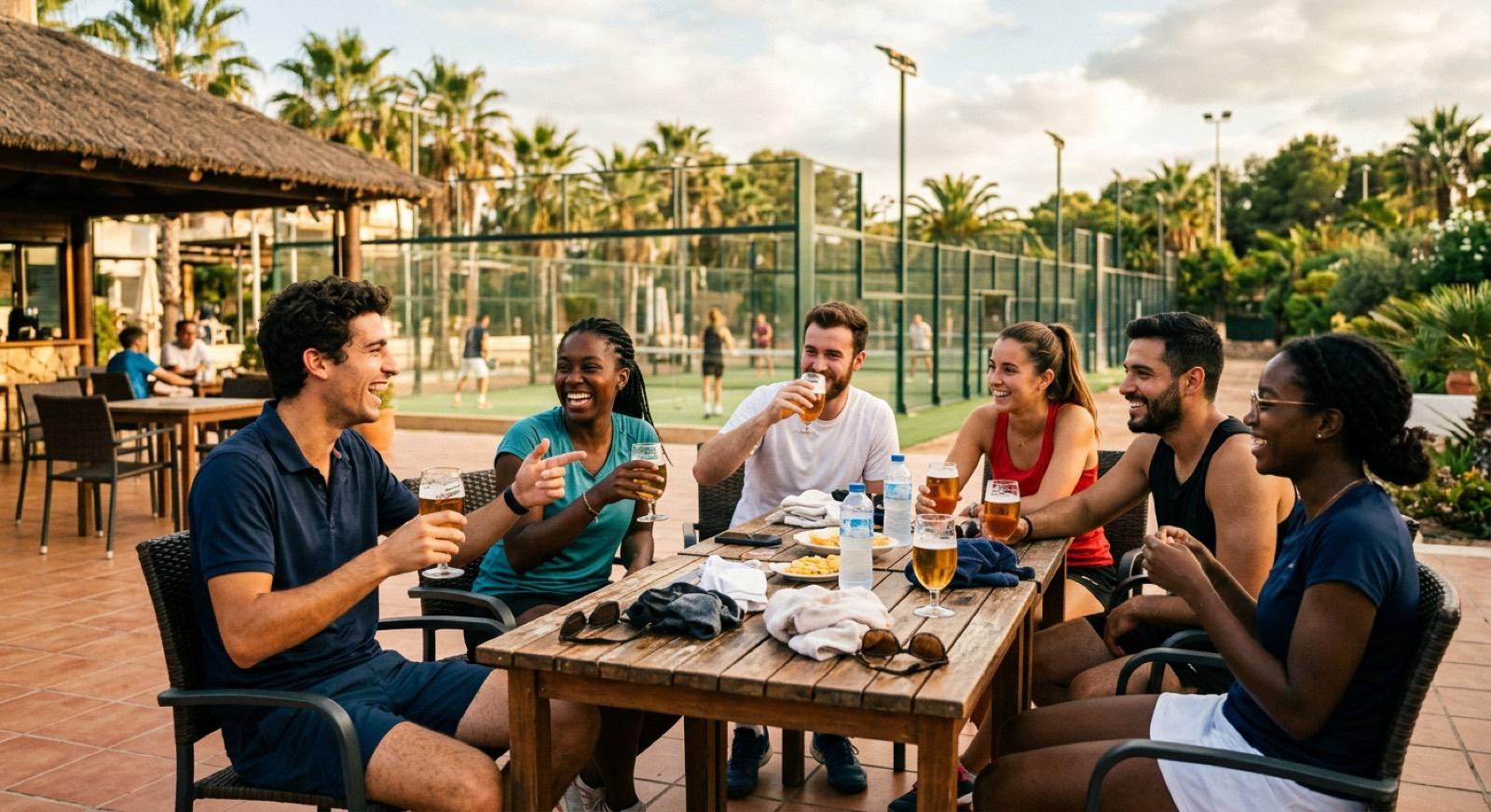 Padel players relaxing at an outdoor club table after a session