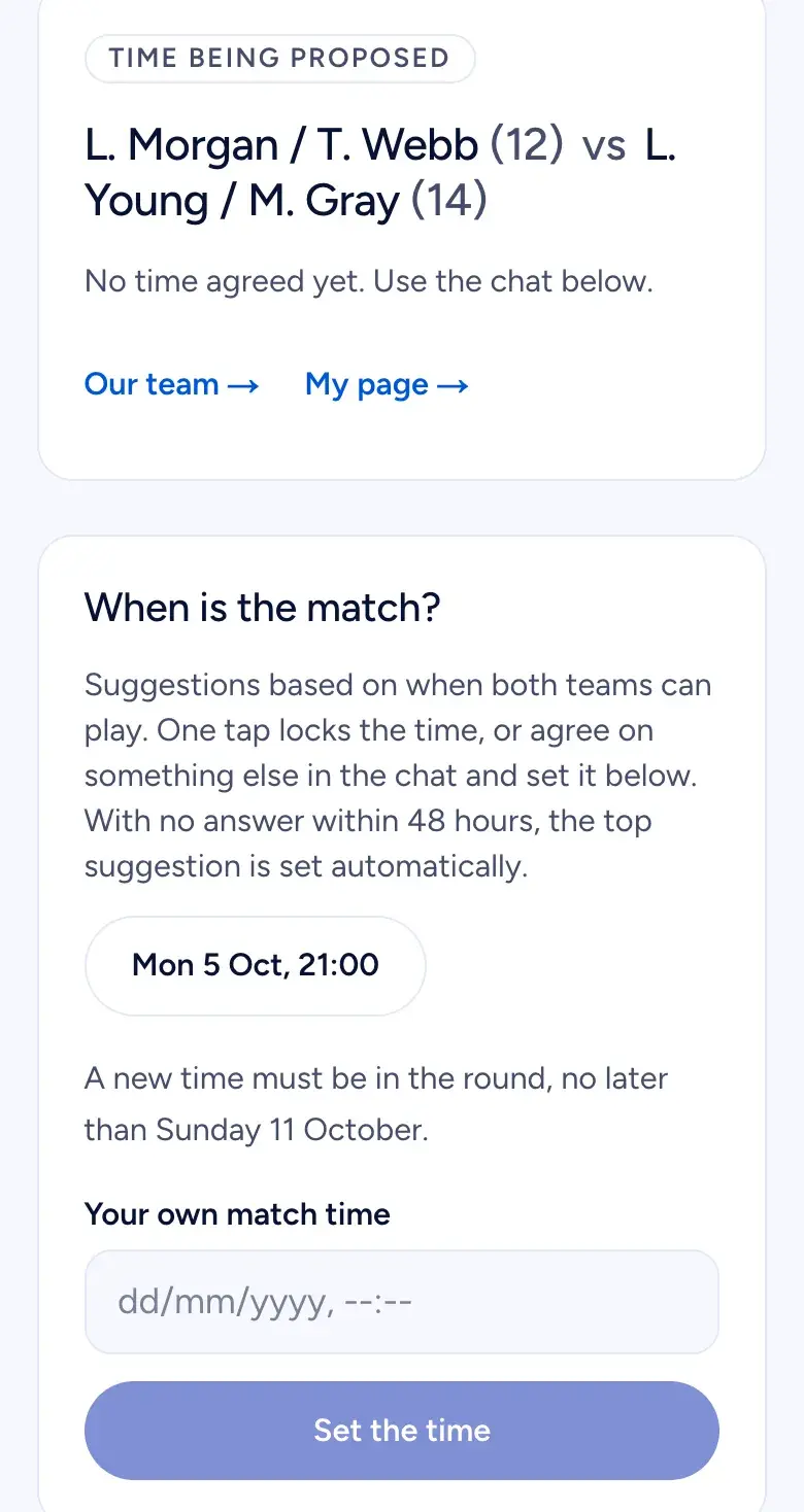 The match page: time being proposed, a suggested time on Monday 5 October at 21:00, and a field for your own match time