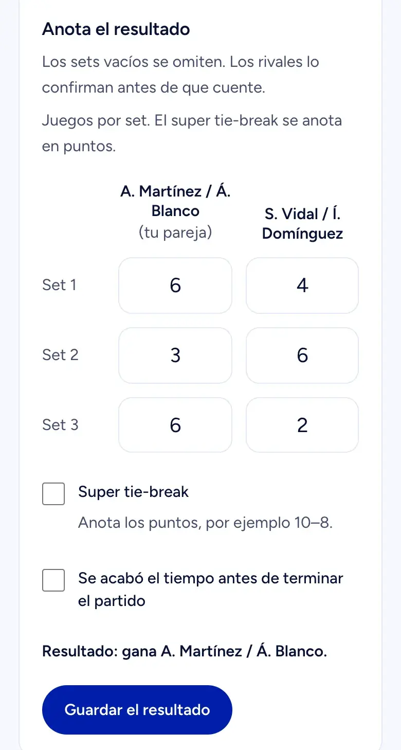 El formulario del resultado: tres sets, 6–4, 3–6 y 6–2, listo para guardar