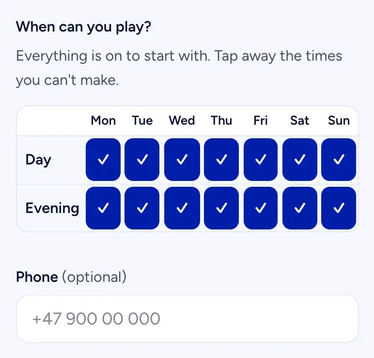 The availability grid: day and evening for every weekday, all ticked, and an optional phone field