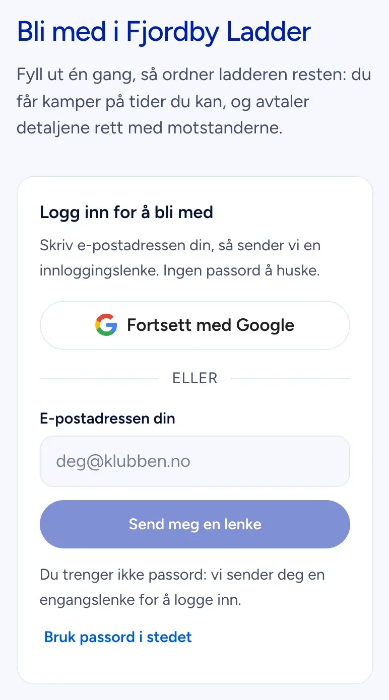 Påmeldingssiden til ladderen: logg inn med Google eller få en innloggingslenke på e-post