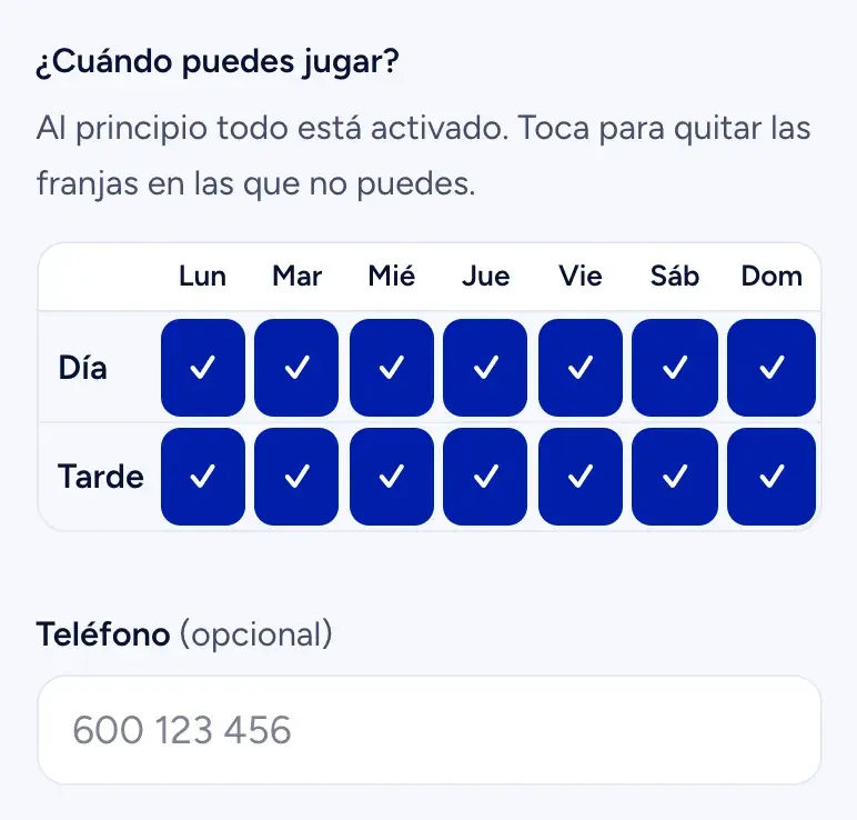 La cuadrícula de disponibilidad: día y tarde para cada día de la semana, todo marcado, y un campo opcional para el teléfono