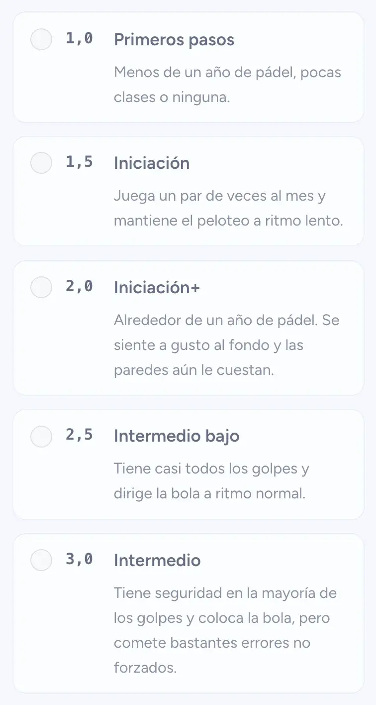 Tarjetas de nivel de 1,0 Primeros pasos a 3,0 Intermedio, cada una con una descripción corta
