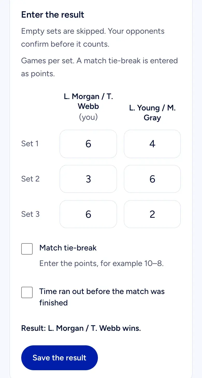 The result form: three sets, 6–4, 3–6 and 6–2, ready to be saved