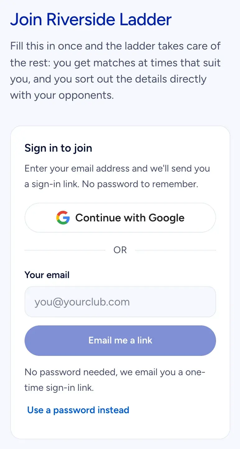 The join page for the ladder: sign in with Google or get a sign-in link by email