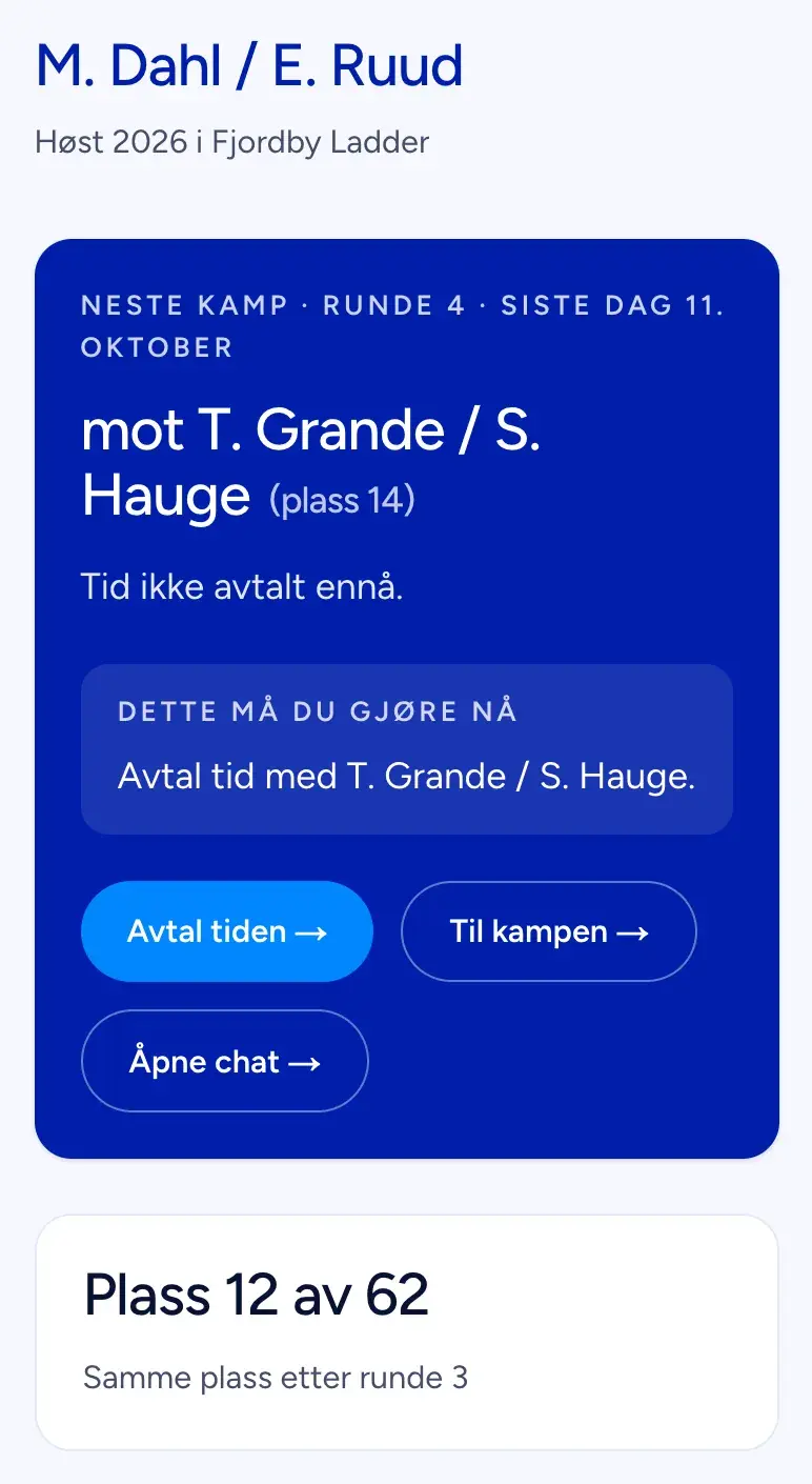 Min side: neste kamp mot T. Grande / S. Hauge, hva du må gjøre nå, og plass 12 av 62