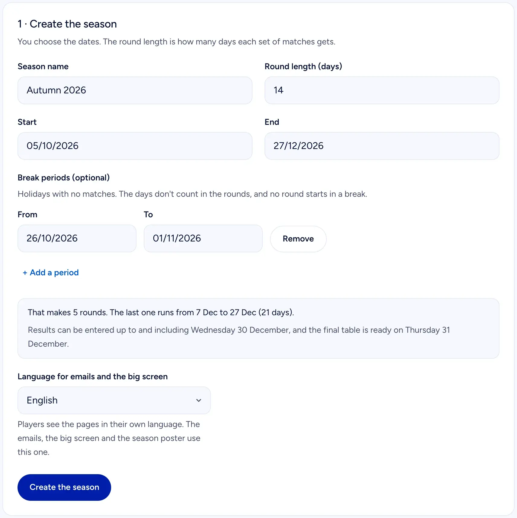 Step 1 on the setup page: season name, round length, start and end date, a break period, the number of rounds and the language for emails