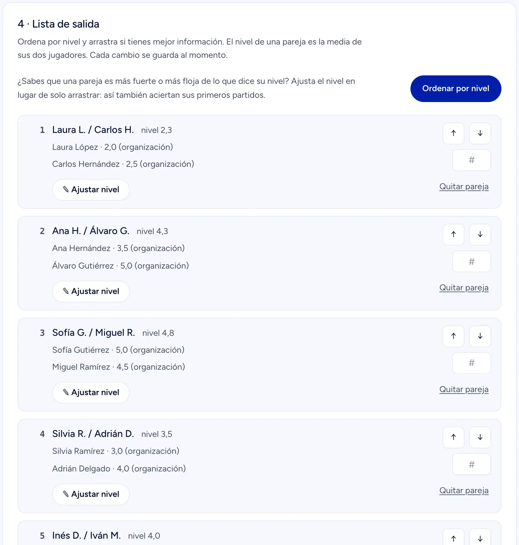 Paso 4 en la página de la organización: la lista de salida ordenada por nivel, con el nivel de cada jugador y botones para mover la pareja, ajustar el nivel o quitarla