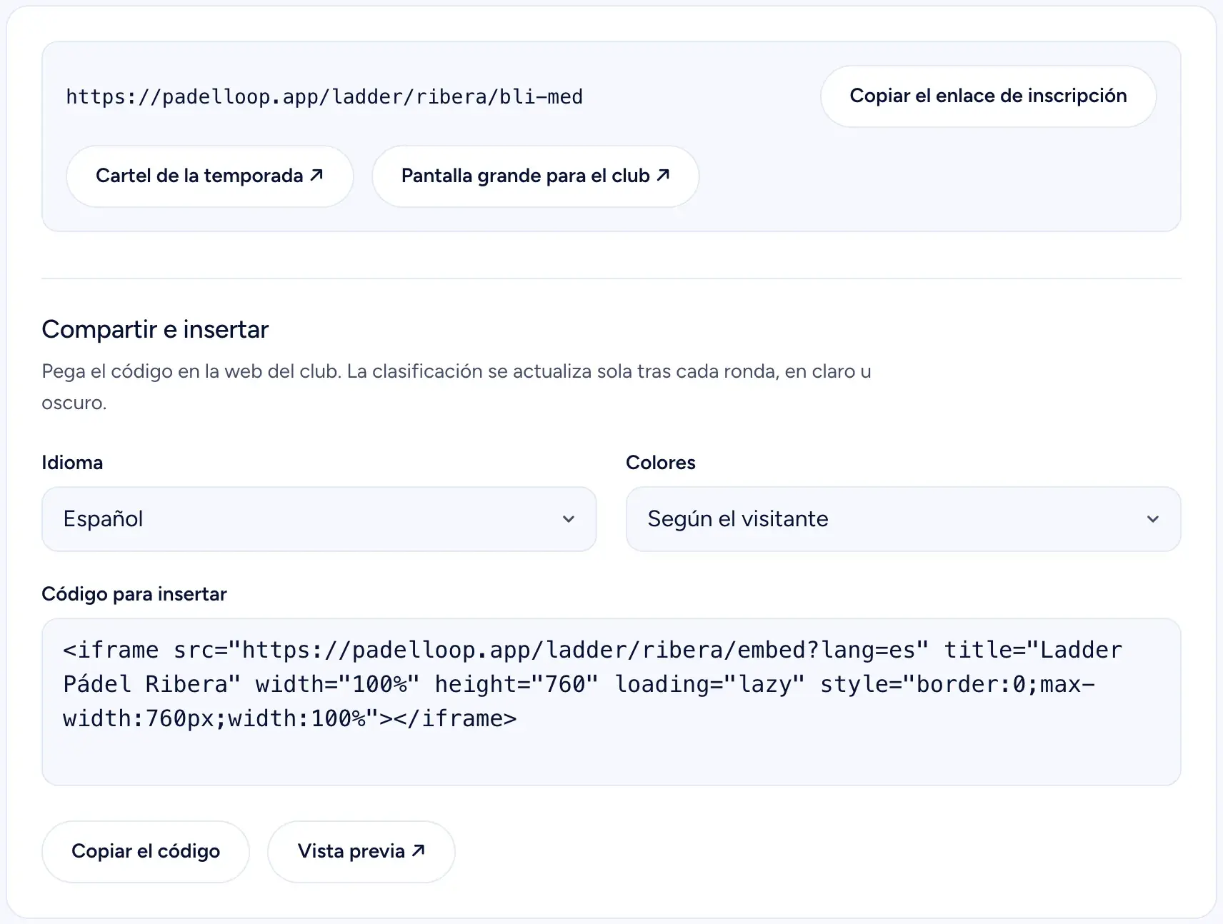 La tarjeta para compartir de la organización: el enlace de inscripción, el cartel de la temporada, la pantalla grande para el club y el código para insertar la clasificación en la web del club