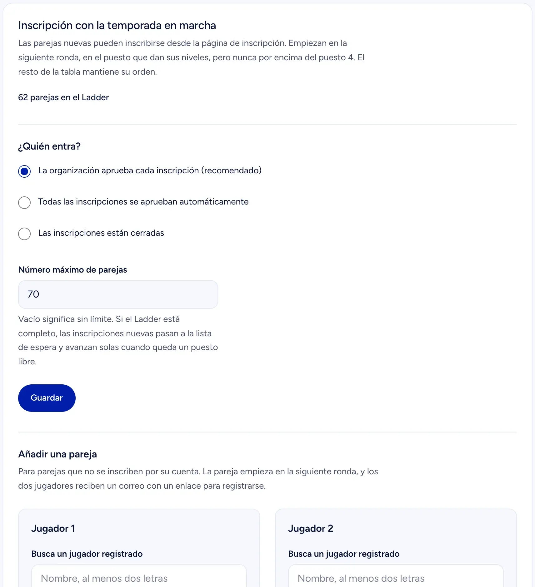 La página de la organización para las inscripciones con la temporada en marcha: quién entra, número máximo de parejas y el formulario para añadir una pareja a mano