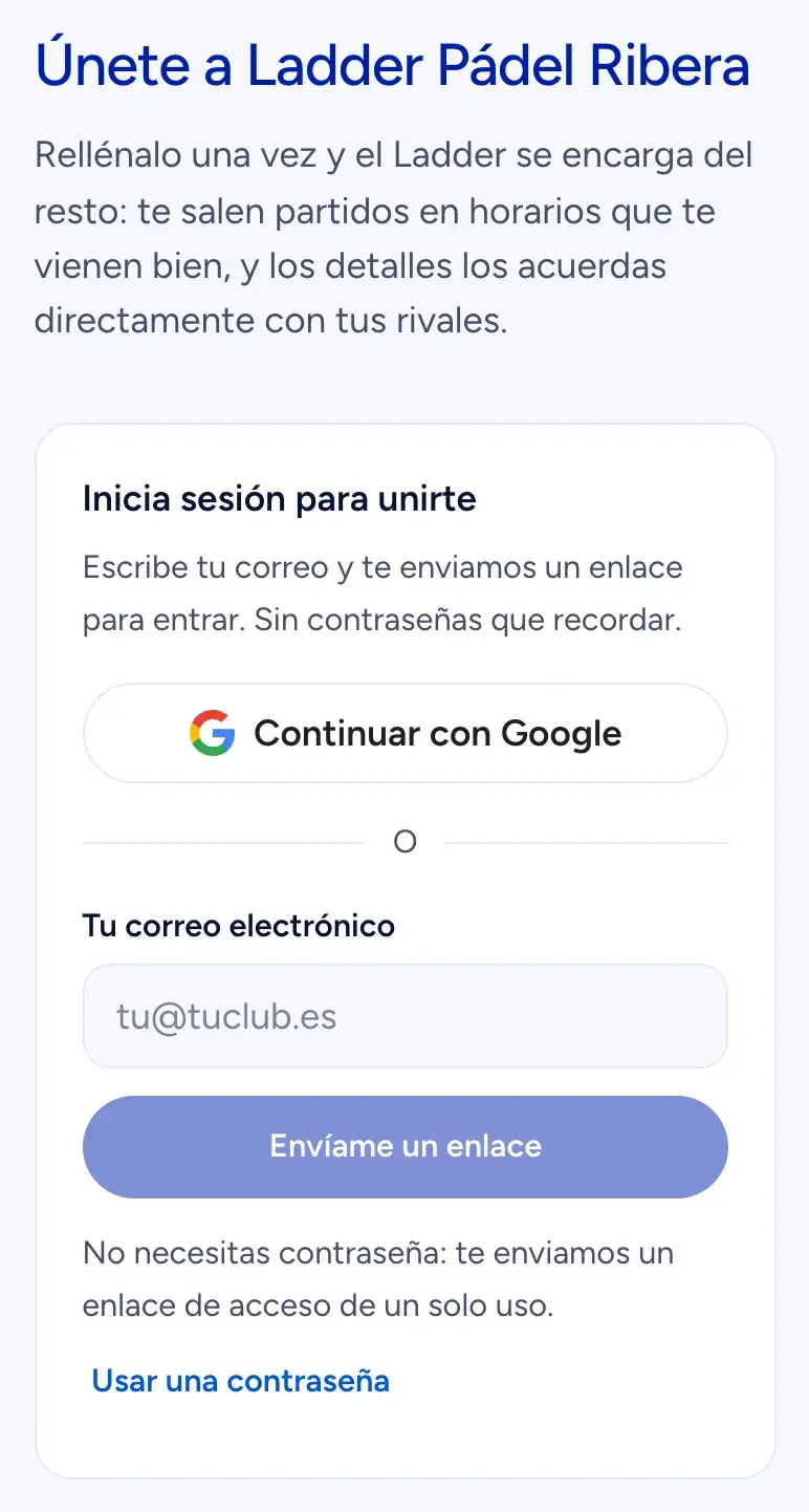 La página para unirse a la ladder: entra con Google o recibe un enlace por correo