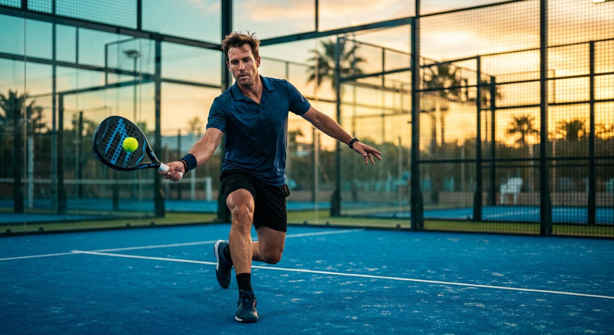 Padel player hitting a forehand on a blue court at sunset