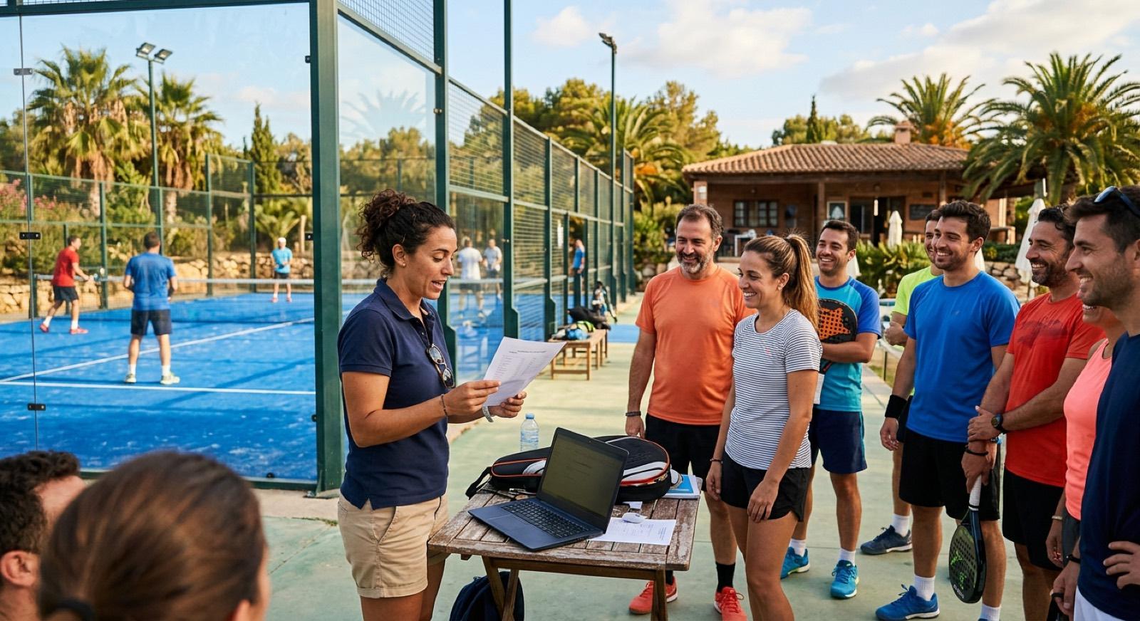 An organiser briefing a group of padel players in front of the courts