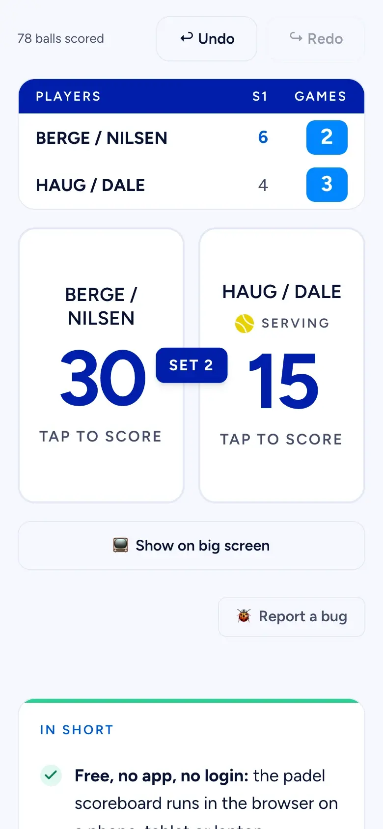 PadelLoop padel scoreboard on a phone mid-match: Berge / Nilsen won the first set 6–4 against Haug / Dale, trail 2–3 in the second and lead 30–15 in the current game